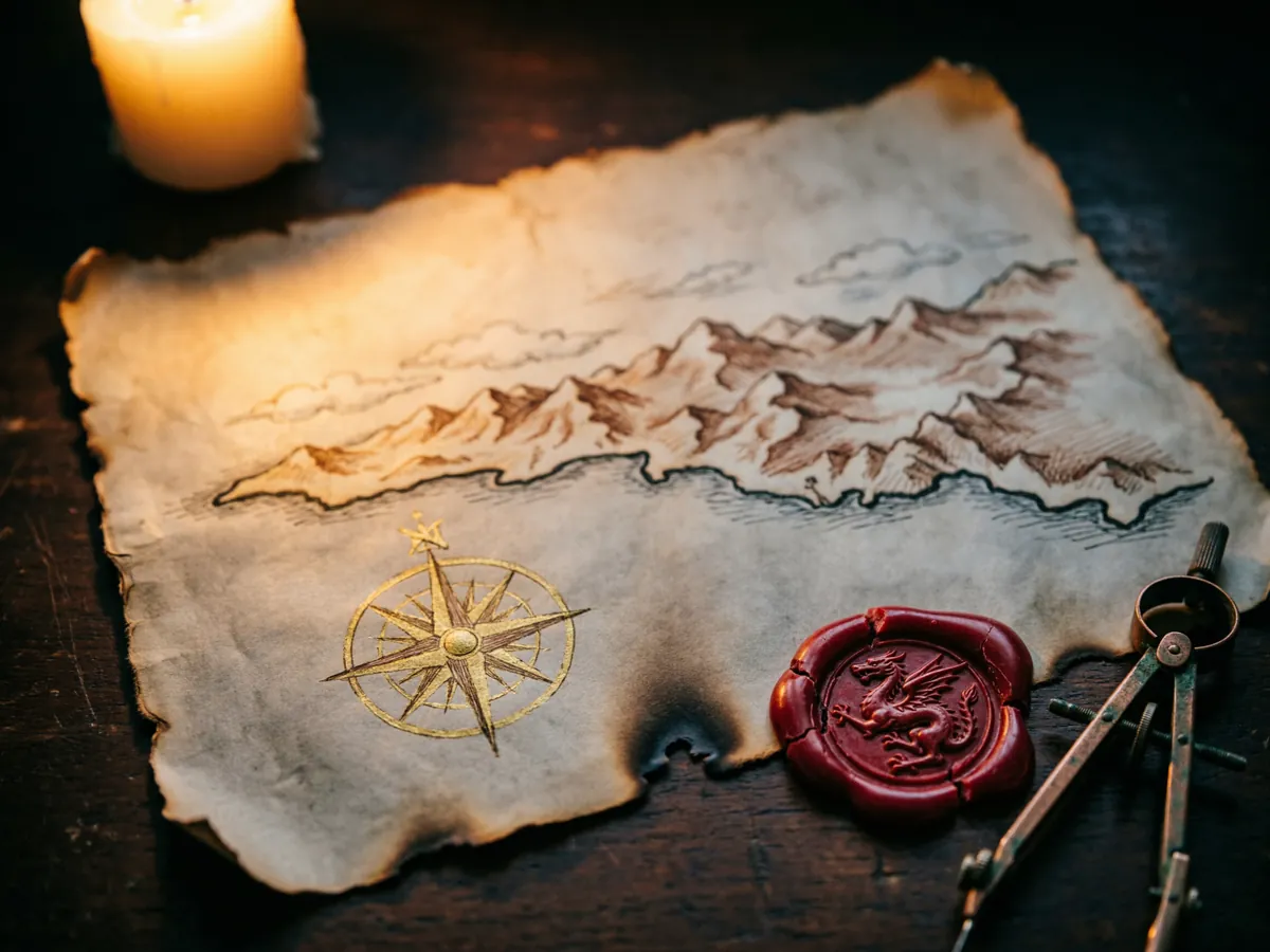 Un mapa antiguo sobre pergamino quemado por los bordes, con rosa de los vientos, un sello de dragón en lacre rojo y un compás de latón